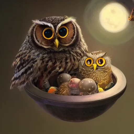 Image similar to long shot of a very cute owl chick nesting in a very futuristic cup, esao andrews, m. w. kaluta, humorous illustration, hyperrealistic, big depth of field, warm colors, night scenery, low light, 3 d octane render, 4 k, conceptart, hyperdetailed, hyperrealistic, trending on artstation