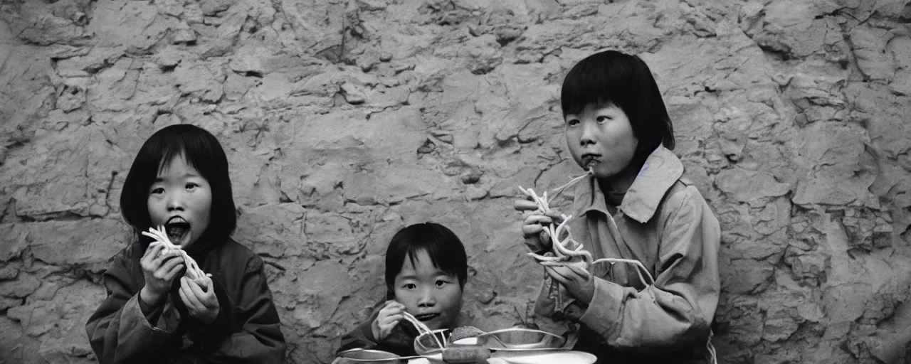 Prompt: eating spaghetti while constructing the great wall of china, fine detail, canon 5 0 mm, in the style of diane arbus, in the style wes anderson, kodachrome, retro