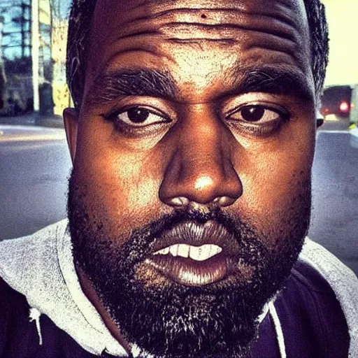 Image similar to this homeless man looks like kanye west if he was poor asf, full beard, accidentally taking a selfie, front camera, camera flash is so bright in his face, viral, selfie, viral on twitter, viral on instagram, viral photo