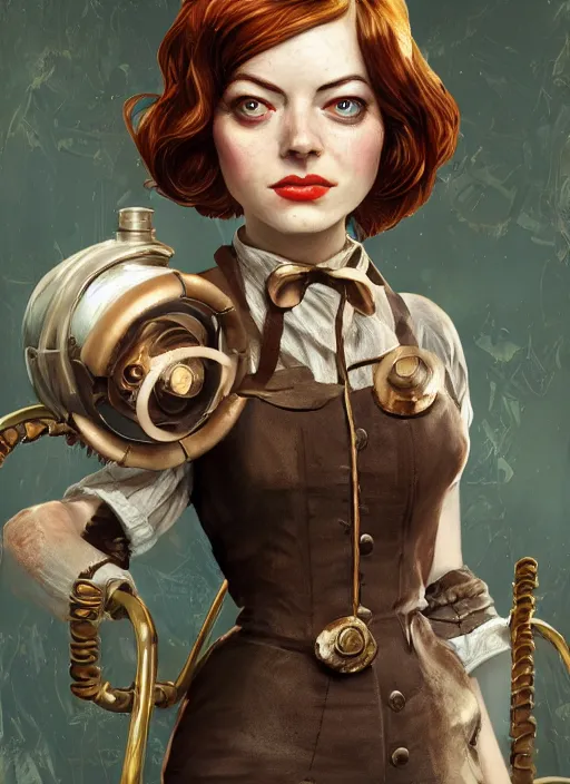 Image similar to Bioshock steampunk Emma Stone, au naturel, hyper detailed, digital art, trending in artstation, cinematic lighting, studio quality, smooth render, unreal engine 5 rendered, octane rendered, art style by klimt and nixeu and ian sprigger and wlop and krenz cushart