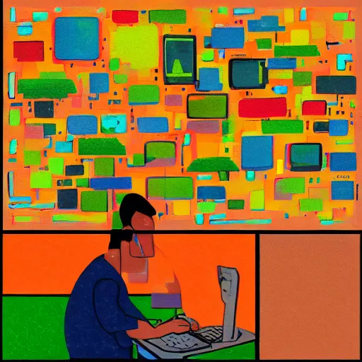 Prompt: someone using a computer to make art, naive style
