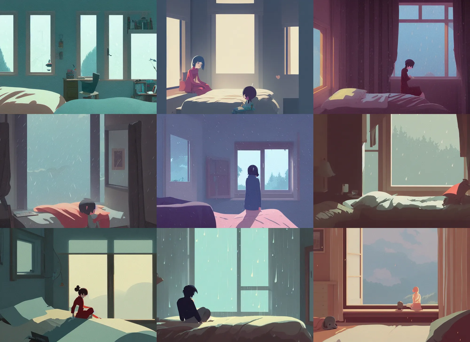 Prompt: bedroom, window, rainy day, by cory loftis, atey ghailan, makoto shinkai, hasui kawase, james gilleard, beautiful, lonely, peaceful, calm