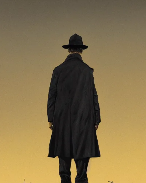 Image similar to man wearing a fedora hat and a trench coat noir film style character, digital illustration, matte painting, photorealistic, hyperrealistic, highly detailed, stalenhag, beksinski, artstation