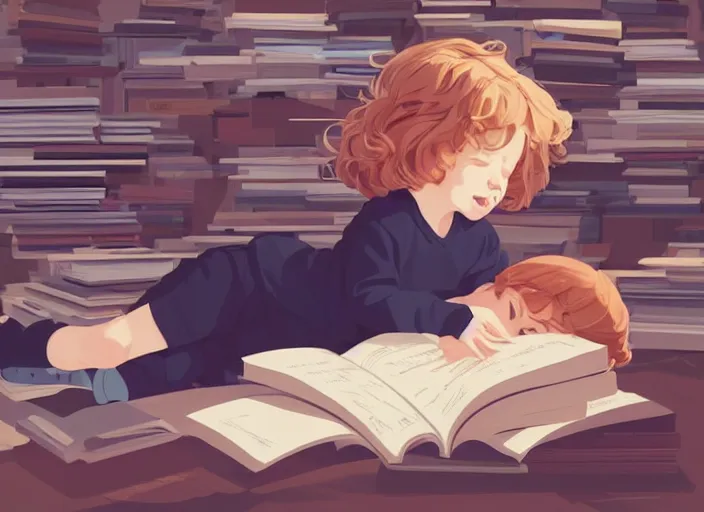 Image similar to a little girl with short wavy curly light brown hair is asleep in pile of books. clean cel shaded vector art. shutterstock. behance hd by lois van baarle, artgerm, helen huang, by makoto shinkai and ilya kuvshinov, rossdraws, illustration, art by ilya kuvshinov