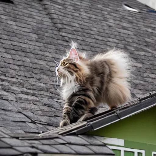 Prompt: a cute maine coon cat walking on the roof of acient chinese in the morning, arcane style