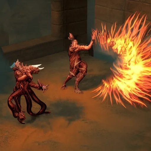 Prompt: a mage dual casting both fire and ice spells at a chimera,