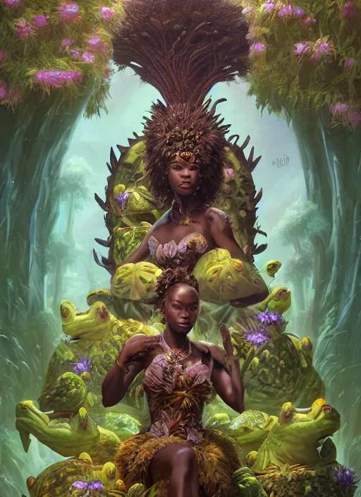 Image similar to portrait of female zulu wizard sitting on a vast throne of frogs, surrounded by flower and pears. afrogoth matte painting concept art, beautifully backlit, intricate digital painting, subtle tones, cinematic aesthetic octane render, grimdark, by rhads, james jean, ross tran and artgerm