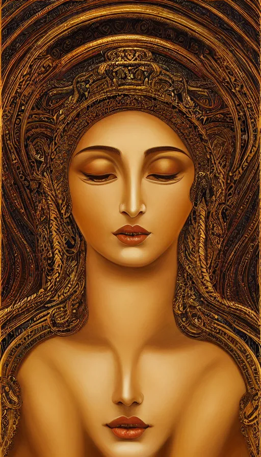 Prompt: portrait of a goddess, smooth painting, ultra realistic, symmetrical, highly detailed, golden, bright