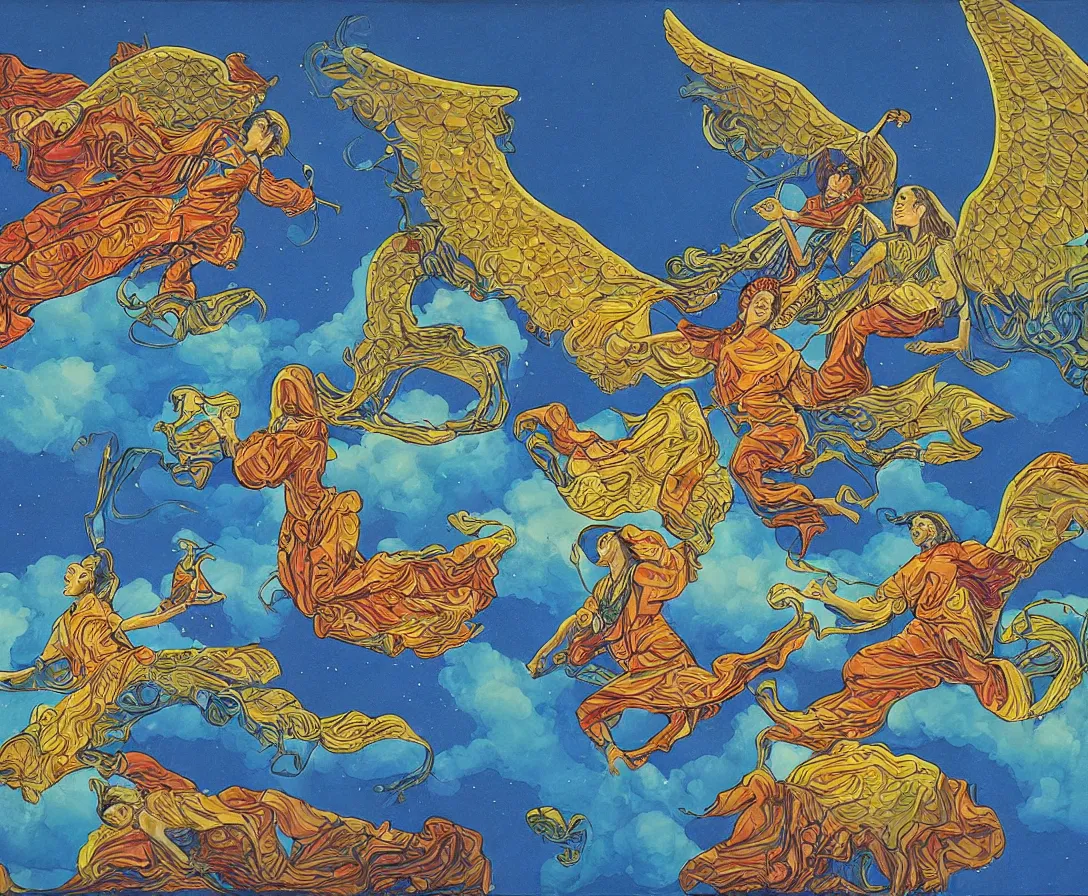 Image similar to two sacred angels fighting in the skies of seattle, gouache, stylised, by mati klarwein and moebius