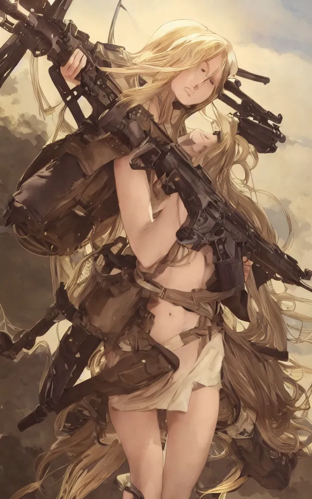 Prompt: on going battle, infantry girl, anime style, long hair, hair down, symmetrical facial features, explosions, from girls frontline, hyper realistic, pale skin, rule of thirds, extreme detail, realistic lighting, detailed drawing, trending artstation, hd, d & d, trading card, by alphonse mucha, greg rutkowski, sharp focus, backlit
