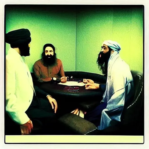 Image similar to “80’s Polaroid flash photo, Saul Goodman and Osama Bin Laden playing poker”