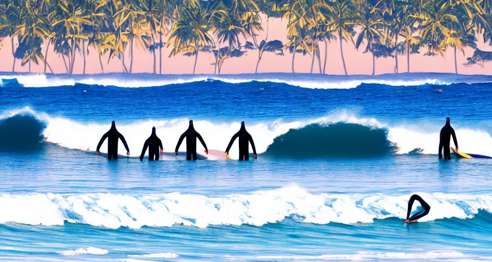 Prompt: worshippers in robes belonging to the cult of the surfers, surfing in waves, standing on surfboards, surfing inside one large barreled wave, high detailed colors, blue