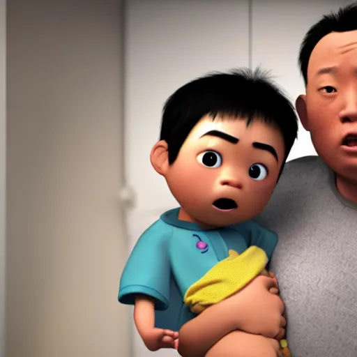 Image similar to shocked asian man holds black baby at hospital, he can ’ t believe his eyes, award winning art, pixar, 3 d render, unreal engine