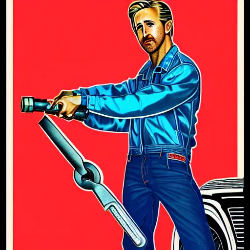 Image similar to realistic portrait of ryan gosling as a soviet mechanic, with a huge wrench, futuristic, highly detailed, 8 0 - s style poster, sharp focus, illustration, art by kawase hasui,