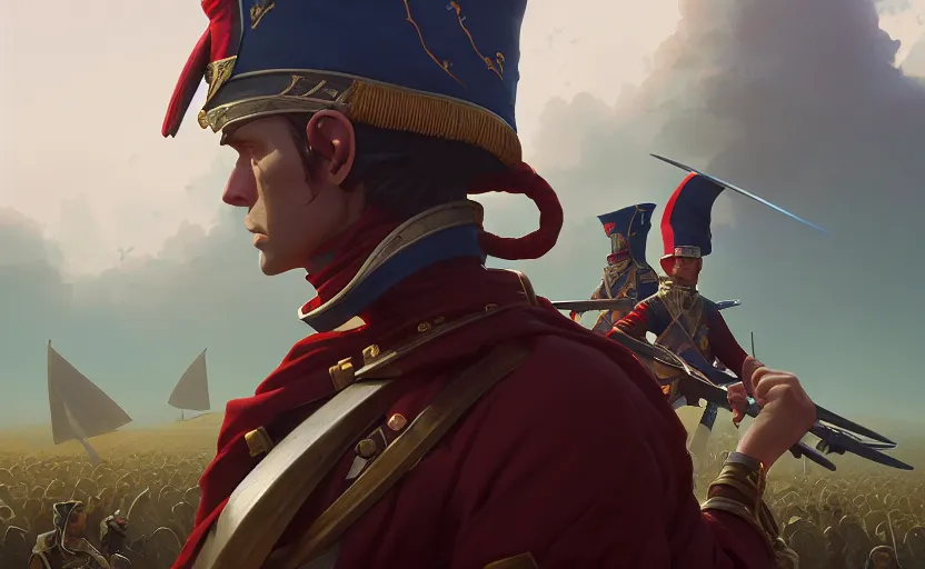 Image similar to highly detailed surreal vfx portrait of napoleonic wars, stephen bliss, unreal engine, greg rutkowski, loish, rhads, beeple, makoto shinkai and lois van baarle, ilya kuvshinov, rossdraws, tom bagshaw, global illumination, detailed and intricate environment