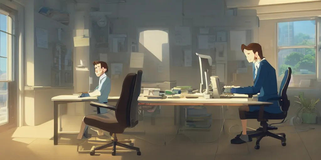 Image similar to a wholesome animation key shot of tired office worker looking at his computer in a 9 0's style of office, medium shot, waist up, studio ghibli, pixar and disney animation, sharp, rendered in unreal engine 5, anime key art by greg rutkowski, unreal engine 5, bloom, dramatic lighting