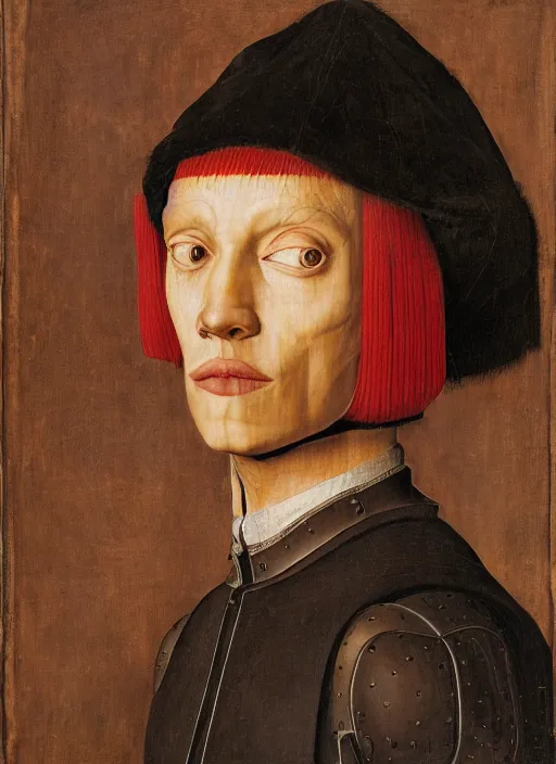 Prompt: a portrait of an augmented cyborg by Jan van Eyck
