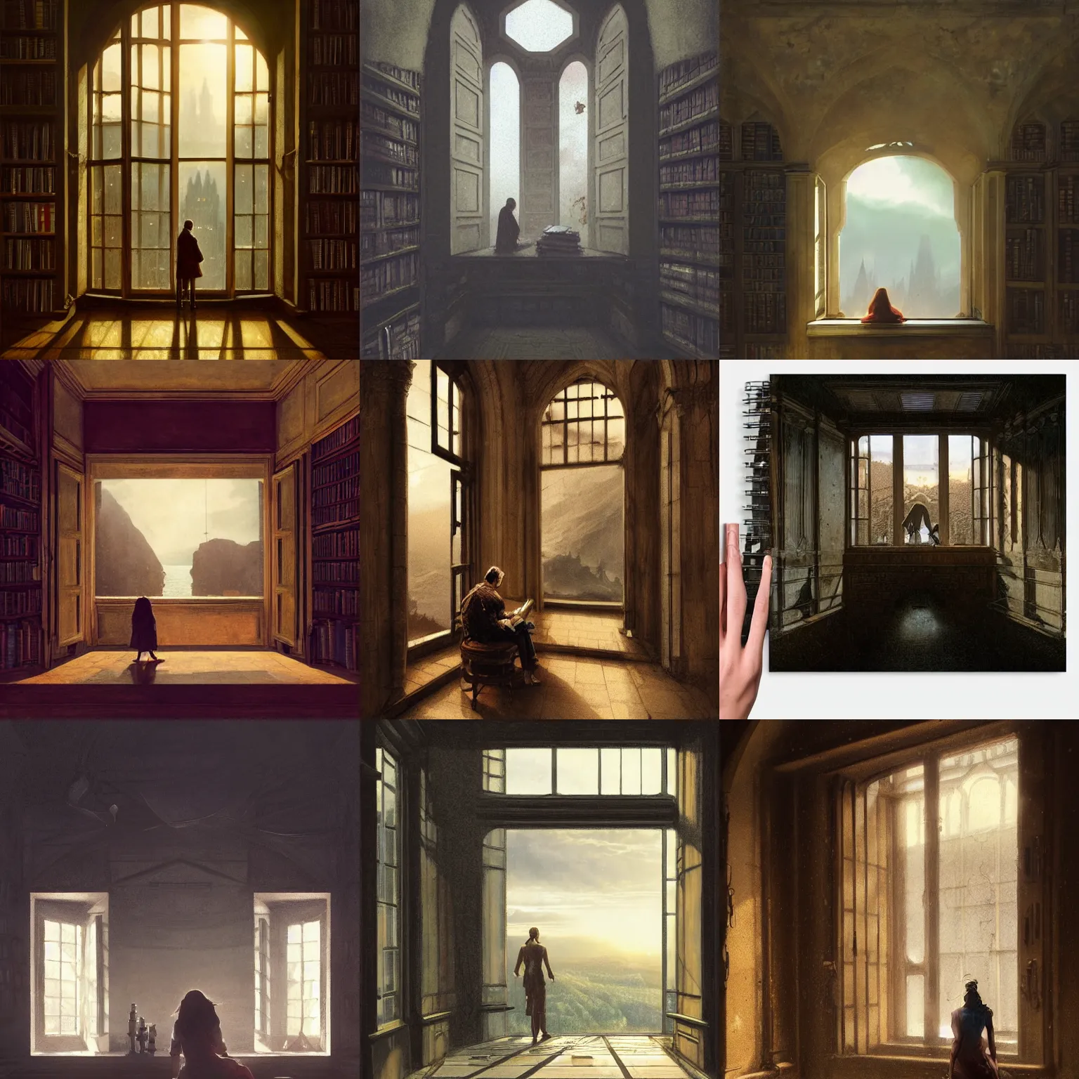 Prompt: figure looking through a wide window, castle library, big hall, nightfall, lonely, dark colors, fading sun, cliff side landscape, photorealistic by michael komarck, greg rutkowski, victo ngai, artgerm, willem claesz heda