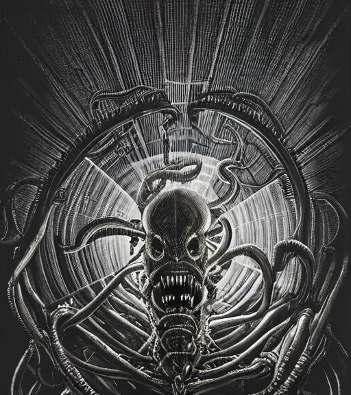 Image similar to profile picture of lovecraftian xenomorph, surrounded by beams of light dark background by wayne barlow, stanley donwood, anton semenov, zdzislaw bekinski, hr giger, 8 k, fantasy, dark, highly detailed