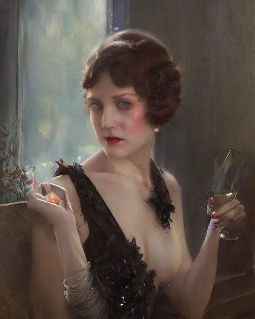 Prompt: daniel gerhartz and tom bagshaw close portrait digital painting of a 1 9 2 0 s beautiful woman at a party in a mansion, strong contrast, unreal engine, hyper realism, realistic shading, cinematic composition, realistic render, octane render, detailed textures, photorealistic, ultrawide shot, 3 5 mm film