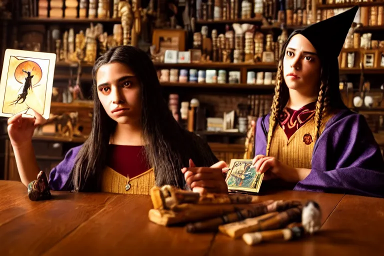 Image similar to 2 0 2 2 photo, close up portrait, dramatic lighting, concentration, calm confident hispanic teen witch and her cat, tarot cards displayed on the table in front of her, sage smoke, magic wand, a witch hat and cape, apothecary shelves in the background, still from harry potter, alphonse mucha