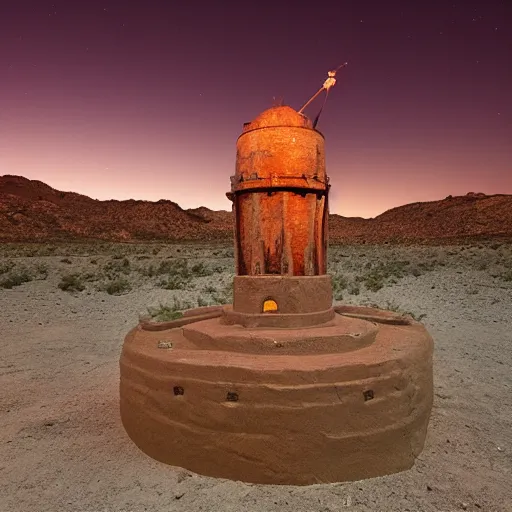 Image similar to a james turret sculpture in the middle of a desert at night,