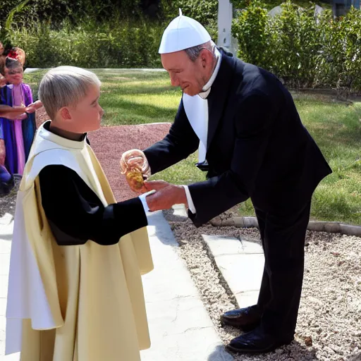 Image similar to kevin spacey dressed up as a catholic priest, giving out communion to a small old woman,