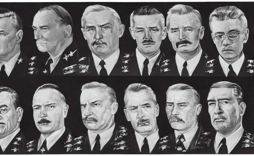 Image similar to 50s movie still of very diverse soviet generals head with very detailed faces in a stalinist parlement, by Alexei Guerman, Cinestill 800t 35mm black and white, heavy grainy picture, very detailed, high quality, 4k, HD criterion, precise texture, face diversity, haircut diversity, age diversity