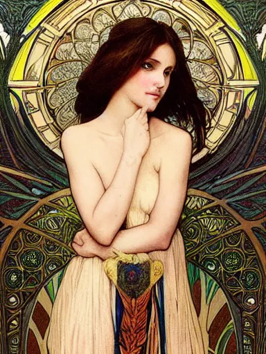 Image similar to a beautiful painting of natalie portman by Alphonse Mucha and by yoshitaka Amano and by Mark Brooks and by john william waterhouse and by arthur rackham, Art Nouveau, Neo-Gothic, gothic, award winning painting, hyperdetailed, detailed