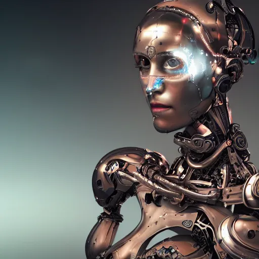 Image similar to An extremely beautiful biomechanical female looking robot with large Emoji tattoos, chimeric organism, pale skin, organic polycarbon, full frontal portrait, ex machina, highly detailed, mendelbrot fractal, ray tracing, hyperdetailed, hyperrealistic, oppai cyberpunk, octane render, hdri, 4k