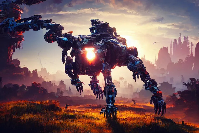 Image similar to scrapper machine mecanical creature robot of horizon forbidden west horizon zero dawn radiating a glowing aura global illumination ray tracing hdr fanart arstation by ian pesty and alena aenami artworks in 4 k