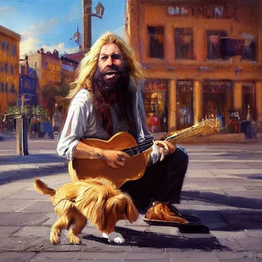 Image similar to oil painting of a man with long hair blond and a beard hippie style with his golden retrever dog playing guitar in the square for money, people watching around, by greg rutkowski, artstation