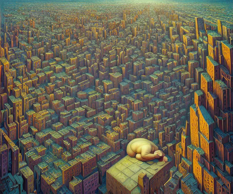 Prompt: hyper detailed 3d render like a Oil painting - a giant moridly obese man crushing a helpless city under his feet, despair, depressing and hopeless vibe, by Jacek Yerka, Mariusz Lewandowski, Houdini algorithmic generative render, Abstract brush strokes, Masterpiece, Edward Hopper and James Gilleard, Zdzislaw Beksinski, Mark Ryden, Wolfgang Lettl, hints of Yayoi Kasuma, octane render, 8k