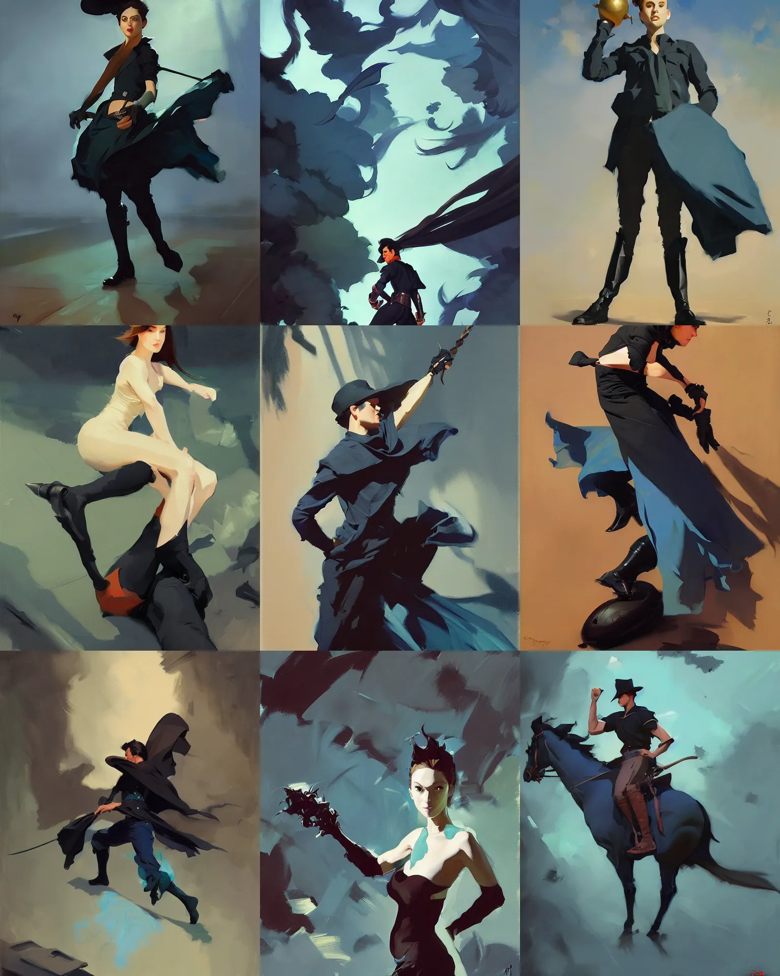 Prompt: black cyan cloth fabric jodhpurs greg manchess painting by sargent and leyendecker, studio ghibli, fantasy, medium shot, asymmetrical, intricate, elegant, matte painting, illustration, hearthstone, by rhads by greg rutkowski, by greg tocchini, by james gilleard, by joe fenton