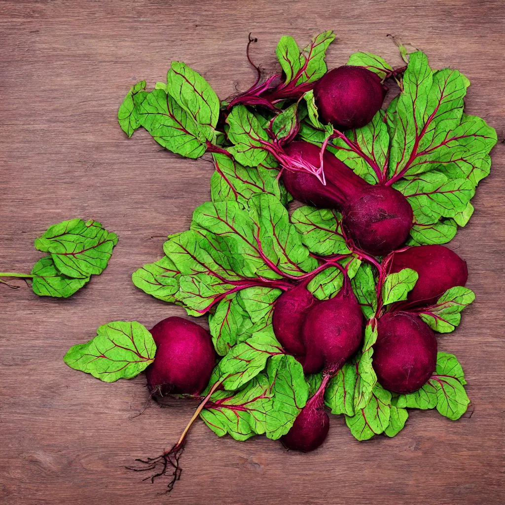 Image similar to embroidered beetroot with embroidered leaves and fractal roots, over vivid wood table, food photography. post - production : super detailed : masterpiece