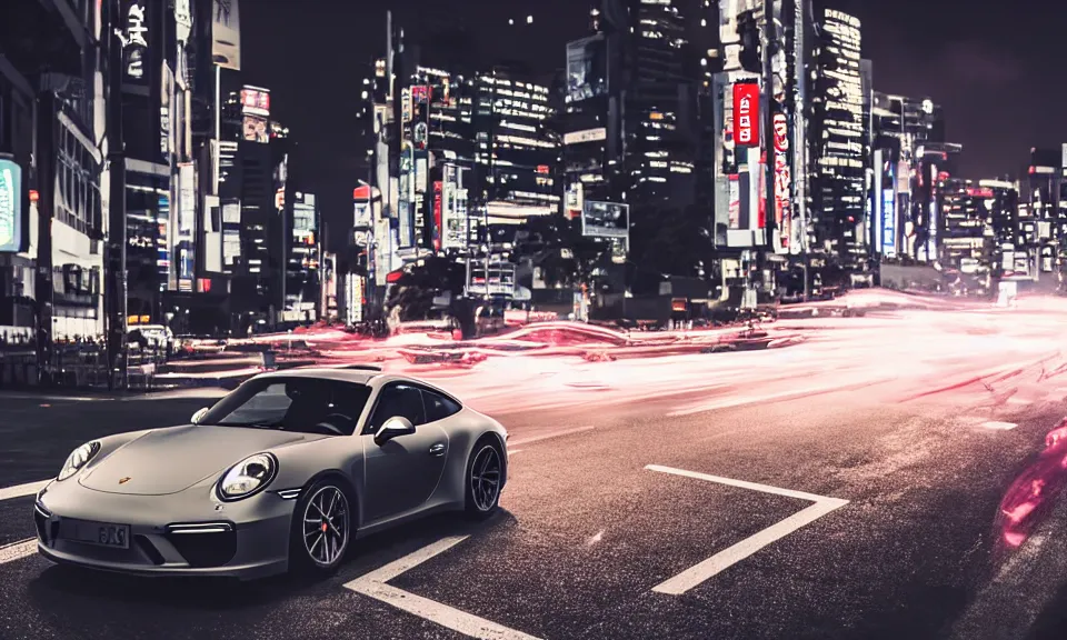 Image similar to photo of a porsche 911 at night driving fast through a city, cinematic, 4k, long exposure photography, tokyo drift, fast and furious, film still, night photography, motion blur, lens flare, movie shot, light trail