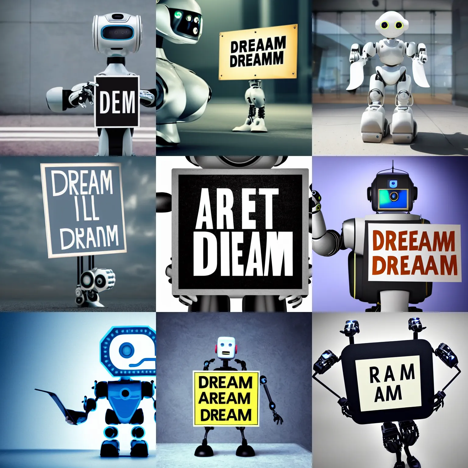 Image similar to artificial intelligence robot holding a sign with text that reads : dream