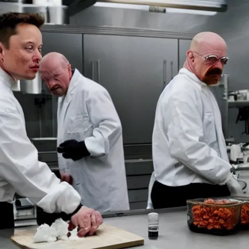 Prompt: elon musk and walter white cooking meth in a laboratory, amazing detail, detailed faces, sharp, 8k