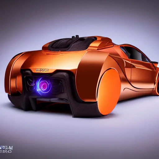 Image similar to award winning product photography, 3 5 mm lens, of a glossy orange metallic and shiny purple metallic shiny ergonomic hololens in style of a bugatti cheyvron, studio lighting,