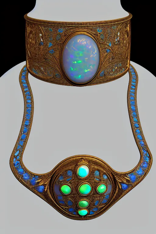 Prompt: historical, art nouveau, opals and cyan gemstone choker, glowing inside, octane render, realistic, dramatic light, 3 d, photograph 4 k,