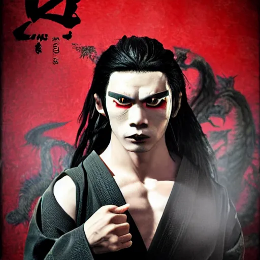 Image similar to mazoku martial artist, handsome japanese demon boy, young adult yokai with long spiky black hair, vampiric skin, vantablack gi, red eyes, ultra realistic, intricate details, highly detailed, subsurface scattering, photorealistic, octane render, 8 k, art by artgerm, greg rutkowski, magali villeneuve, alphonse mucha