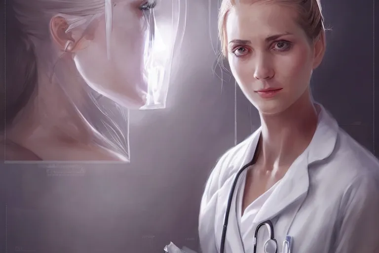 Prompt: a full portrait of an elegant and beautiful female doctor in a white coat in a hospital ward, cinematic, highly detailed, digital painting, artstation, concept art, matte, sharp focus, illustration, art by artgerm and greg rutkowski