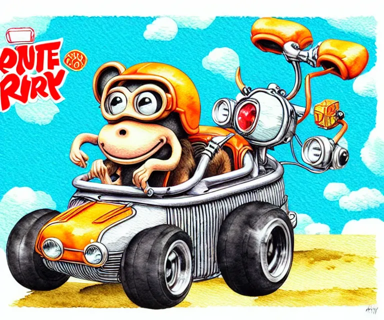 Image similar to cute and funny, monkey : : wearing a helmet : : riding in a tiny hot rod with oversized engine, ratfink style by ed roth, centered award winning watercolor pen illustration, isometric illustration by chihiro iwasaki, edited by range murata, tiny details by artgerm, symmetrically isometrically centered