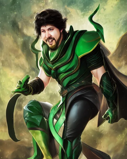 Image similar to full body shot of Jon Tron as loki in the avengers by wlop, rossdraws, mingchen shen, bangkuart, sakimichan, yan gisuka, jeongseok lee, arney freytag, artstation, fantasy photoshoot, urban jungle, fashion pose, octane, 4k