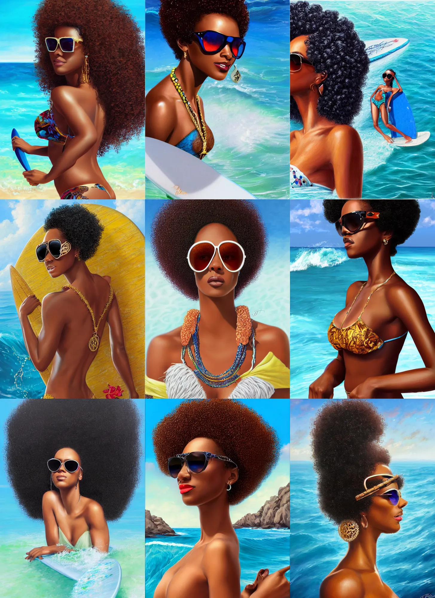 Prompt: profile view of a beautiful jamaican woman with sunglasses and an afro lying on a surfboard in the middle of the ocean, intricate, elegant, highly detailed, centered, digital painting, artstation, concept art, smooth, sharp focus, illustration, art by Mark Arian