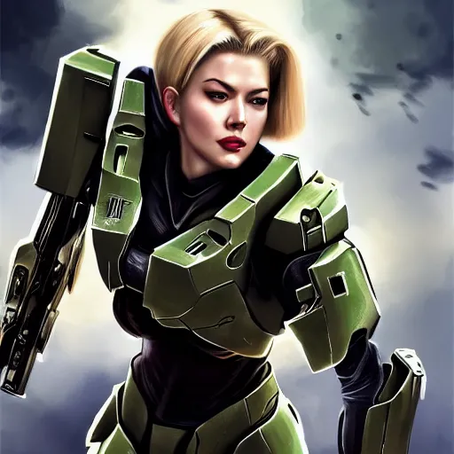 Image similar to A combination of Ada Wong's and Grace Kelly's and Katheryn Winnick's appearances with blonde hair wearing Master Chief's armor from Halo, high tech, action shot, angular, full body portrait, futuristic, dramatic, fantasy, intricate, elegant, highly detailed, digital painting, artstation, concept art, sharp focus, illustration, 8K, art by Donato Giancola and James Gurney