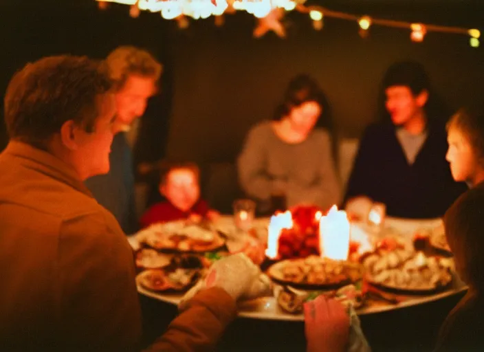 Prompt: a 3 5 mm photo of a family thanksgiving, bokeh, canon 5 0 mm, cinematic lighting, dramatic, film, photography, golden hour, depth of field, award - winning, 3 5 mm film grain, retro, film, kodachrome