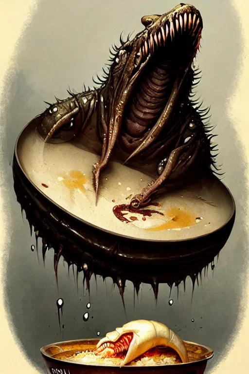 Image similar to greg rutkowski. giant wet drooling toothed worm over a bowl of food