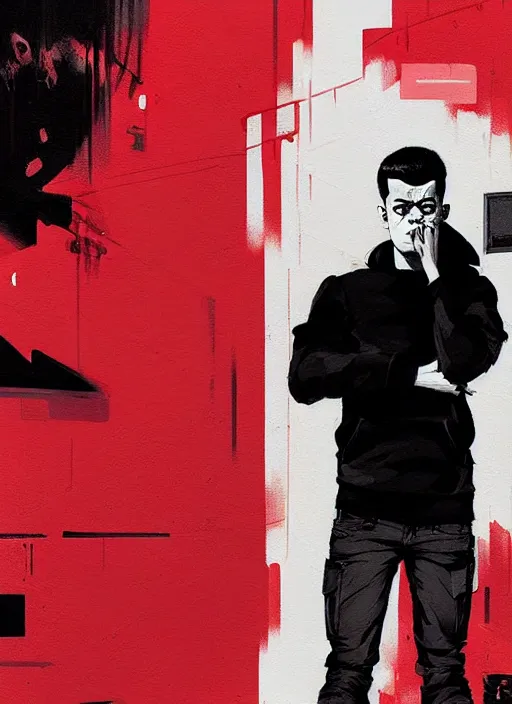 Image similar to highly detailed closeup portrait of downbeat rami malek, elliot alderson, black hoody by atey ghailan, by greg rutkowski, by greg tocchini, by james gilleard, by joe fenton, by kaethe butcher, gradient red, black and white color scheme, grunge aesthetic!!! ( ( graffiti tag wall background ) )