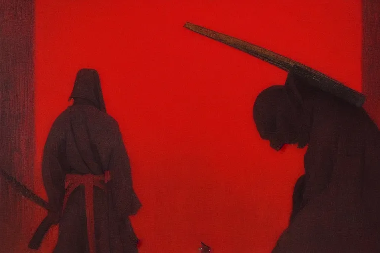 Image similar to only with red, a red samurai harakiri, tokio, a lot of frogs watch, in the style of beksinski, parts by edward hopper, parts by rodcenko, parts by yue minjun, intricate and epic composition, red by caravaggio, insanely quality, highly detailed, masterpiece, red light, artstation, 4 k